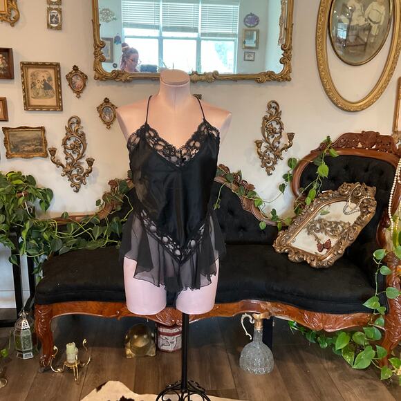 Vintage Tops - Vintage V-Neck Shiny Satin Lingerie Bodysuit lingerie plus Size 1X Black